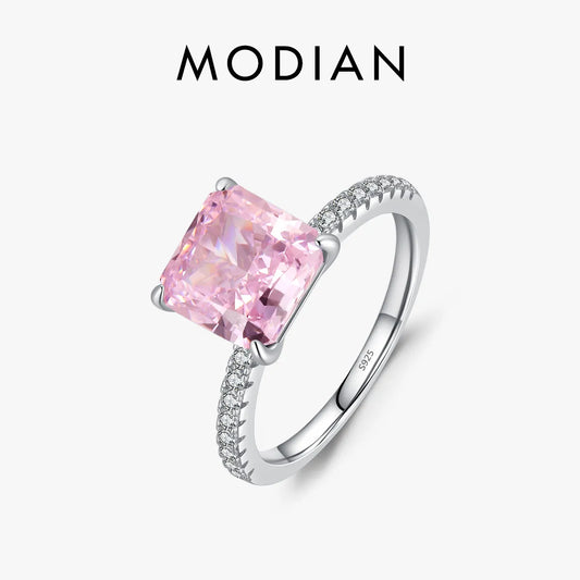 MODIAN 925 Sterling Silver Pink Crushed Ice Cut 2ct Square Sparkling Ring For Platinum Plated Women Classic Wedding Jewelry Gift